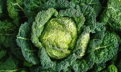 Fototapeta premium Cabbage close-up, vibrant green leaves, intricate texture, fresh produce, healthy food