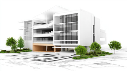 Modern Architectural Design: A 3D rendering showcases a sleek, contemporary building design, integrating green spaces and clean lines. The blueprint overlay adds a layer of technical detail.