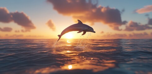 A dolphin leaps gracefully above the shimmering ocean at sunset, creating a stunning scene filled with vibrant colors and a sense of freedom.