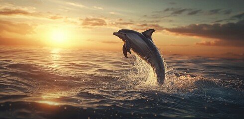 Fototapeta premium A dolphin leaps from the ocean at sunset, creating a splash as the golden sun casts a warm glow over the serene waters.