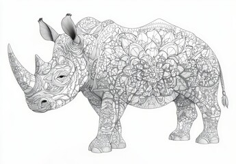 Obraz premium A detailed line drawing of a rhinoceros filled with intricate floral patterns, showcasing creativity and artistic interpretation.