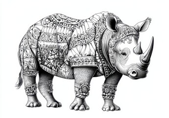 Fototapeta premium A detailed illustration of a rhinoceros adorned with intricate patterns and designs, showcasing artistic creativity and wildlife beauty.