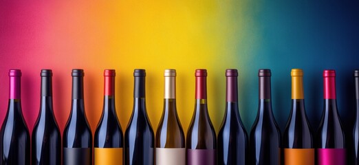Colorful wine bottles arranged in a row, vibrant gradient background, various bottle shapes and colors, artistic display