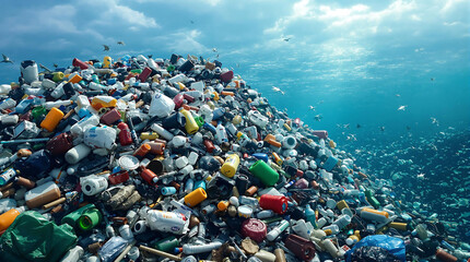 Underwater scene depicting a massive pile of plastic waste polluting the ocean, highlighting the devastating impact of plastic pollution on marine life and ecosystems.