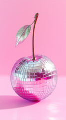 A cherry made of a pink and silver disco ball, set against a pink background, in the style of hyper-realistic photography. Minimal creative food and party concept. Copy space, flat lay