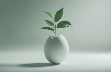 A seedling growing from a broken eggshell.Minimal creative food an environment concept.Copy space,flat lay 