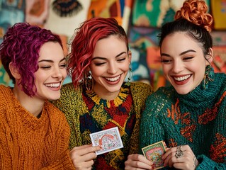 Fototapeta premium Creative friendship moments three stylish women cozy indoor setting engaging with art vibrant atmosphere joyful connection