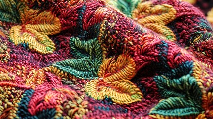 The image showcases a close-up of a textured fabric displaying intricate embroidery. The fabric features a vibrant pattern of leaves in various colors, including warm shades of red, yellow, and orange