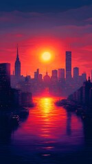 Fototapeta premium An illustration of a vibrant sunset in Stockholm capturing the city’s iconic skyline and the warm colors of the sky blending into the water for smartphone wallpaper