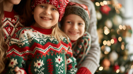 Christmas Family Portrait Festive Knitwear, Smiling Children, Holiday Cheer