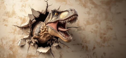 Fototapeta premium Tyrannosaurus rex breaking through wall, fierce expression, detailed texture, realistic depiction, dramatic scene