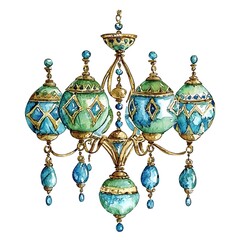 Watercolor Painting of an Ornate, Turquoise and Gold Chandelier.