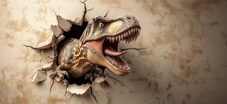 Tyrannosaurus rex breaking through wall, fierce expression, detailed texture, realistic depiction, dramatic scene