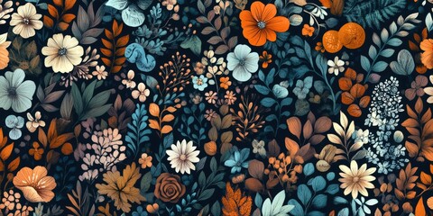 A vibrant floral pattern featuring a variety of flowers and leaves in rich colors against a dark background.