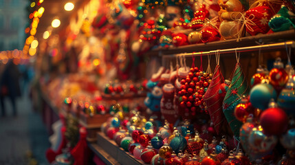 Vibrant Christmas Market Display With Festive Ornaments and Lights