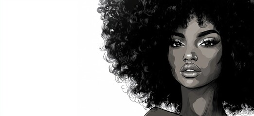 Black woman with curly hair, striking portrait showcasing beauty and confidence, detailed facial features, artistic illustration
