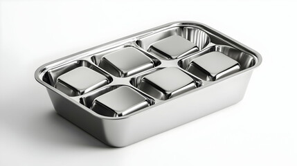 Six-compartment metallic food tray isolated on white background.