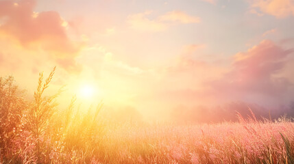 Fototapeta premium Vibrant Sunset Coral Landscape with Golden Sunlight over Blooming Fields