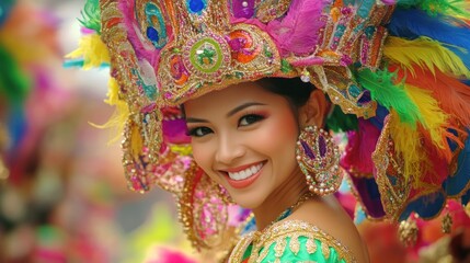 Woman Smiling in Vibrant Carnival Headpiece
