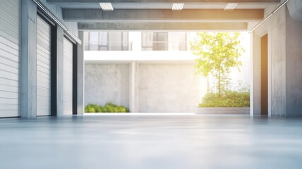 Obraz premium Modern empty parking garage with natural light and greenery