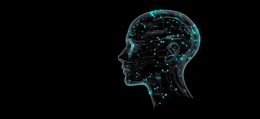 Digital brain silhouette with circuitry design, glowing blue lines and nodes, representing artificial intelligence and technology integration.