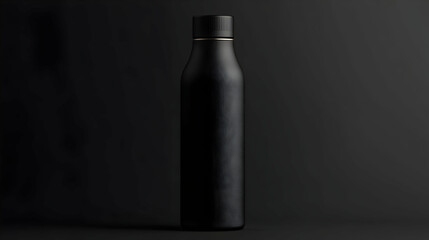 Sleek black bottle on dark background.