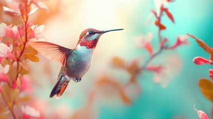 Fototapeta premium Hummingbird hovers among colorful flowers, bathed in soft light