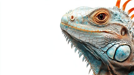 Fototapeta premium Close-up of vibrant iguana's head showing scales and vivid colors against white background