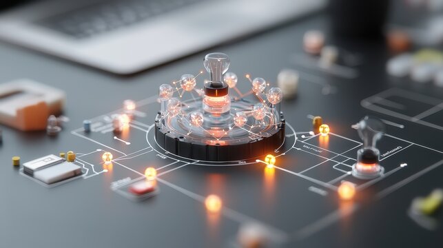 Innovative Science and Technology Concept Featuring Microchips, Light Bulbs, Glass Beakers, and LED Lights on Modern Dark Workspace Surface