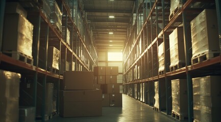 Obraz premium A spacious warehouse aisle lined with shelves holding stacked boxes, illuminated by warm sunlight streaming through a window.