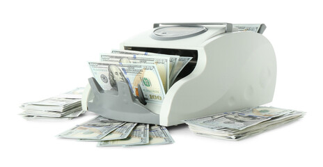 Money counter machine and dollar banknotes isolated on white © New Africa