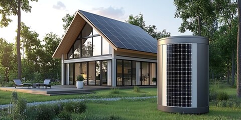 the house and solar panels on the roof. The concept of an energy-efficient home. 3D illustration design,
