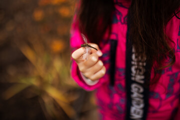 A girl holds a dragonfly in her hand in a pink coat