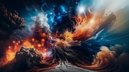 Dramatic 3D Music Track Cover Illustration with Colliding Elements of Fire, Water, Earth, and Air