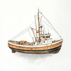 Naklejka premium Watercolor Painting of a Vintage Fishing Trawler against a White Background.