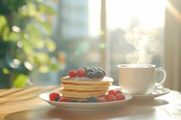 Delicious pancakes with berries and a cup of hot tea by a sunlit window.