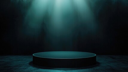 Circular Platform Illuminated by Three Blue Lights in a Dark Setting