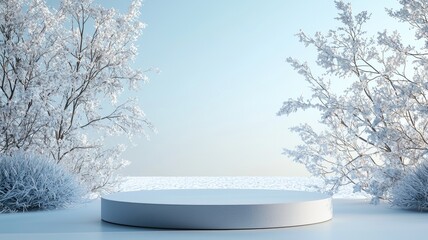Fototapeta premium White Platform Surrounded by Snow-Covered Trees and Grass