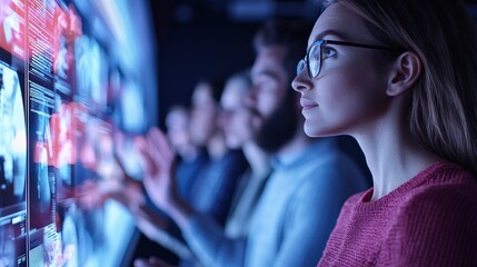 A focused woman interacts with digital data displays, immersed in technology, alongside colleagues in a modern, collaborative environment.