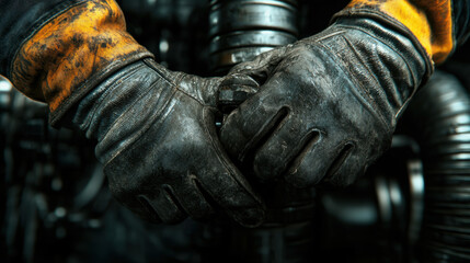 Turbocharger Installation Concept. Close-up of hands wearing dirty gloves, gripping a mechanical part, showcasing the intensity of manual labor and maintenance work.