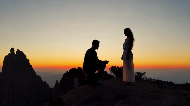 Silhouette of man and woman at sunset on mountain peak, romantic proposal moment.