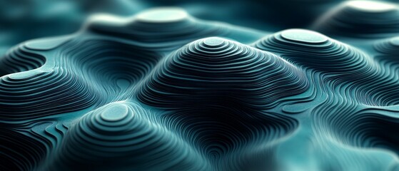 Topographic wave patterns in teal and blue hues with textured lighting effects, creating a futuristic, minimalist abstract composition that evokes depth and technological sophistication