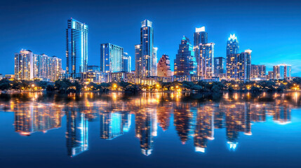 Naklejka premium stunning night skyline of major city with skyscrapers reflecting in water, showcasing vibrant lights and modern architecture. scene evokes sense of tranquility and urban beauty
