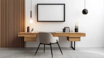Picture Frame Above Wooden Desk: Commercial Photograph