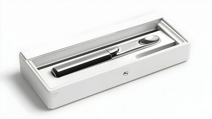 Sleek silver and black applicator in a minimalist white box, showcasing clean design and premium packaging.