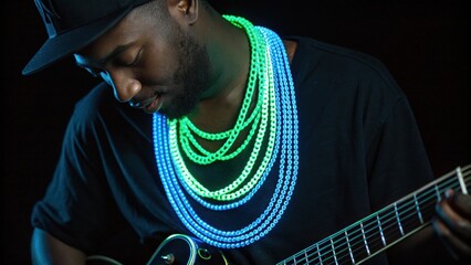 An artistic portrait of a musician intently playing their guitar adorned with layered neon blue and green chains that contrast sharply with the dark backdrop. The vibrant colors of