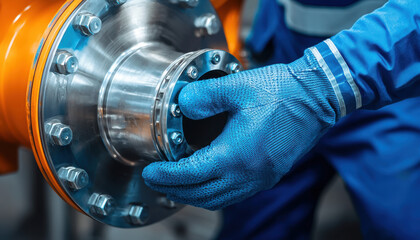 Turbocharger Installation Concept. A worker in blue gloves adjusts a metallic component of a valve in an industrial setting, showcasing precision and attention to detail.