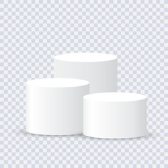 Three white blank podiums stand to show products on transparent background, Vector illustration.