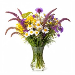 Obraz premium colorful wildflowers in glass vase on white background