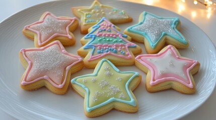 Pastel star and tree-shaped cookies, delicately decorated with icing and sprinkles, sit on a plate.